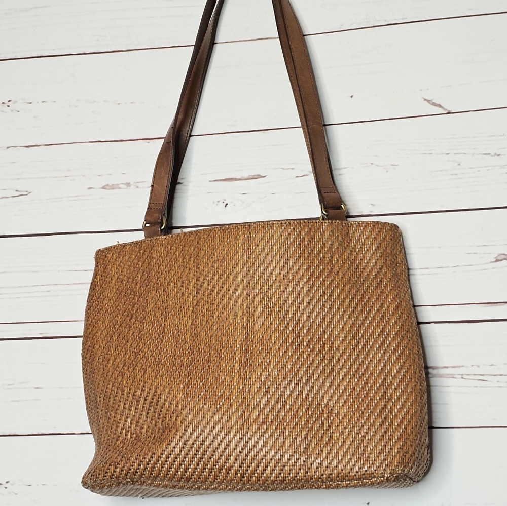 Fossil Brown Woven Shoulder Bag with Leopard Print Key Tag - Picture 2 of 16